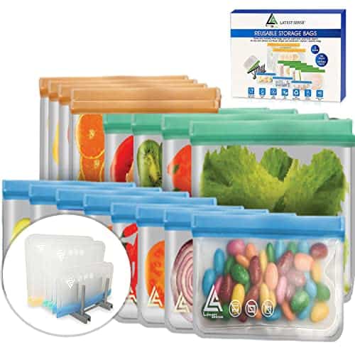 Reusable Food Storage Bags, 20 Pack Silicone Ziplock Bags BPA Free Reusable (4 Silicone Freezer Bags - 8 Reusable Sandwich Bags - 8 Silicone Snack Bags + Drying Rack) Reusable Storage Bags